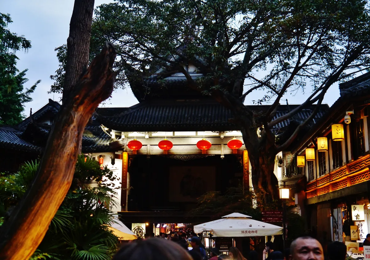 Red lanterns over a traditional gate on Jinli street in Chengdu