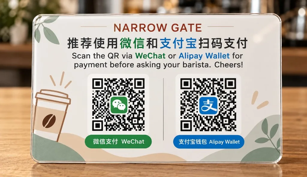 A counter sign with WeChat Pay and Alipay QR codes