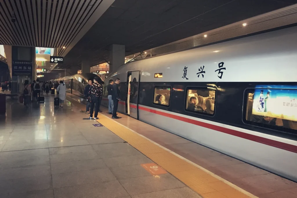 A Fuxing CR400AF high-speed train stopped at Zhengzhou East railway station