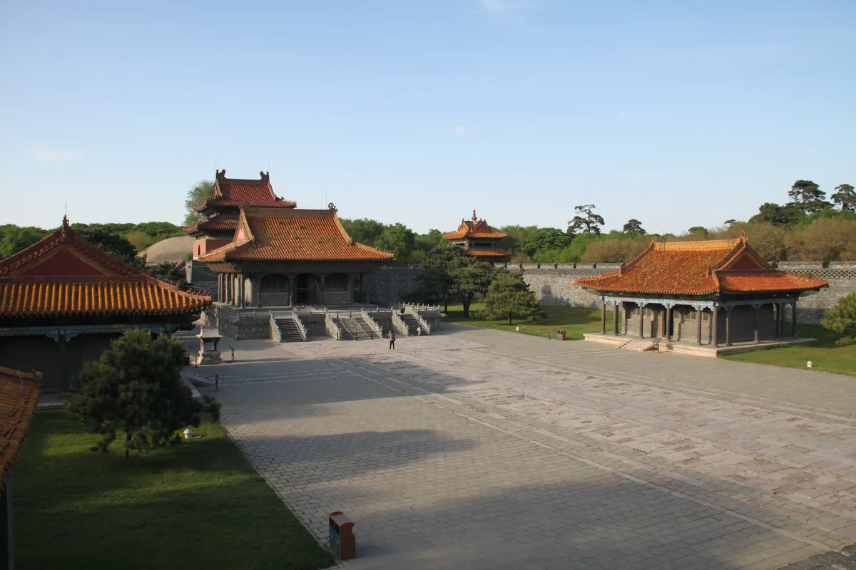 Courtyard and orange-tiled halls at Zhaoling Tomb in Shenyang