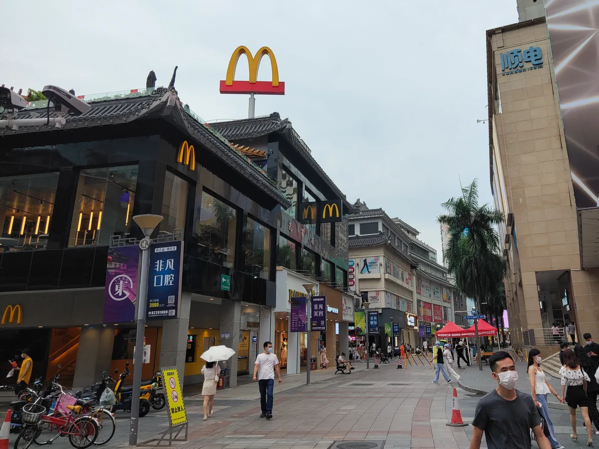 Crowded pedestrian shopping street in Dongmen, Luohu, Shenzhen