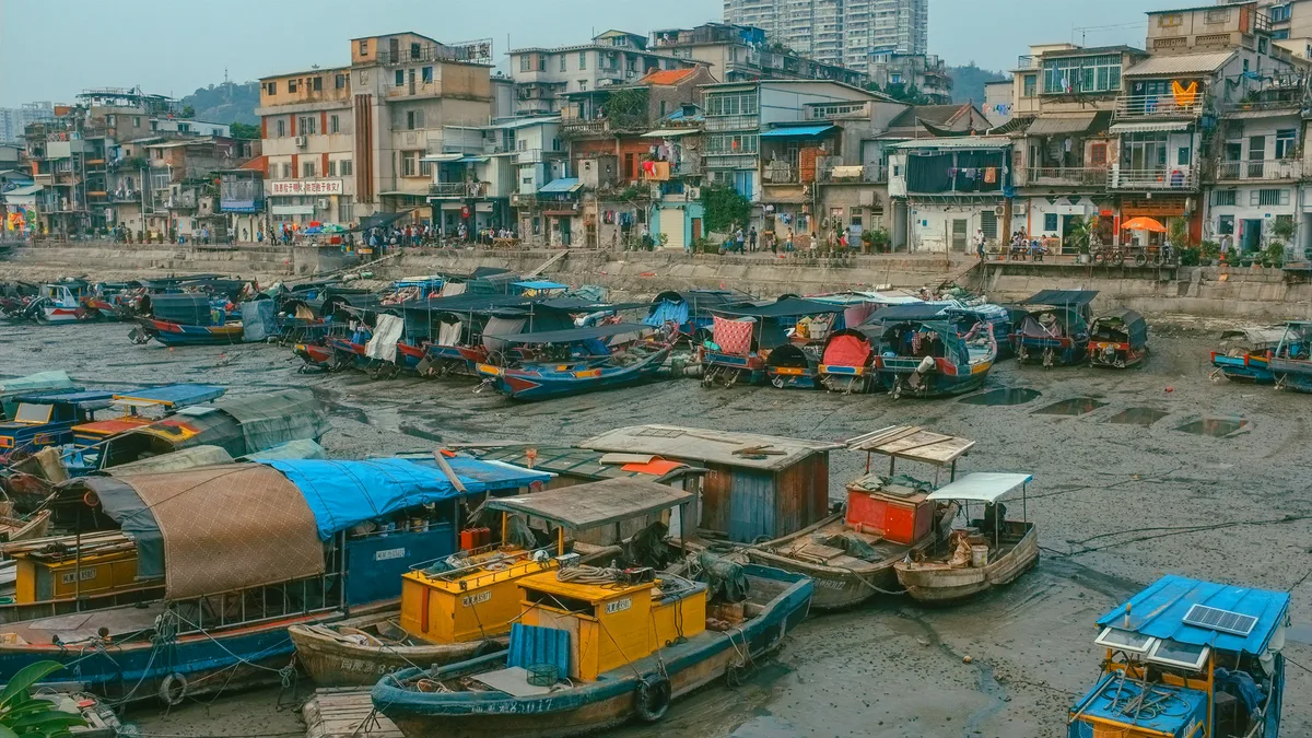 Fishing boats resting in the sheltered harbor at Shapowei on Xiamen Island